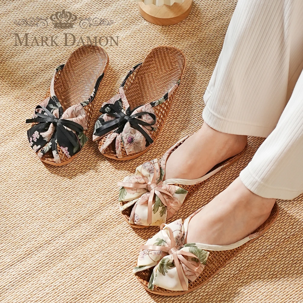 新款夏季亚麻凉席草编韩版蝴蝶结半包头女办公室家居室内凉拖鞋