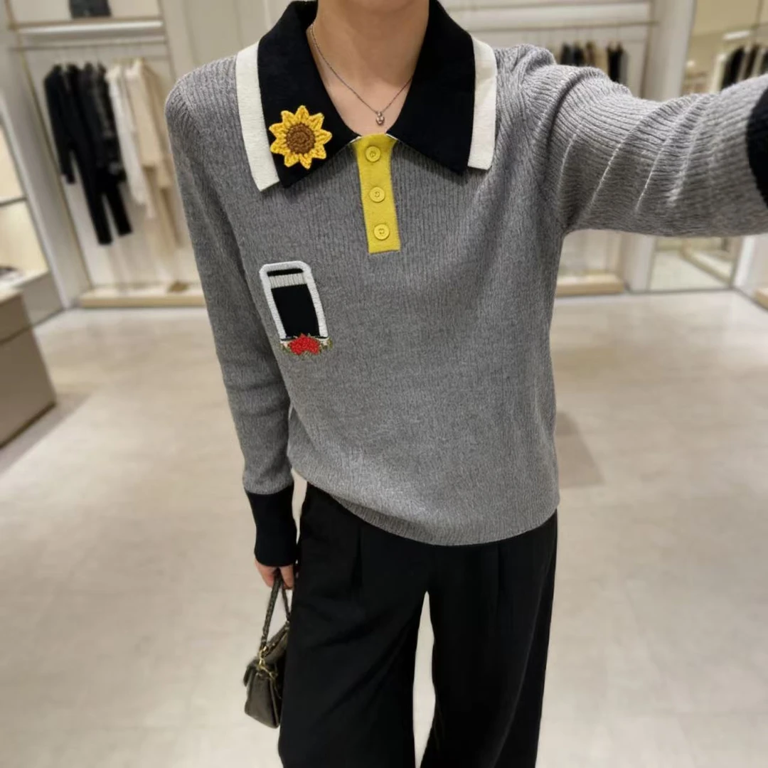 醋酸羊毛！胸88-140长58重工刺绣双翻领向日葵钉饰针织上衣YM 4585