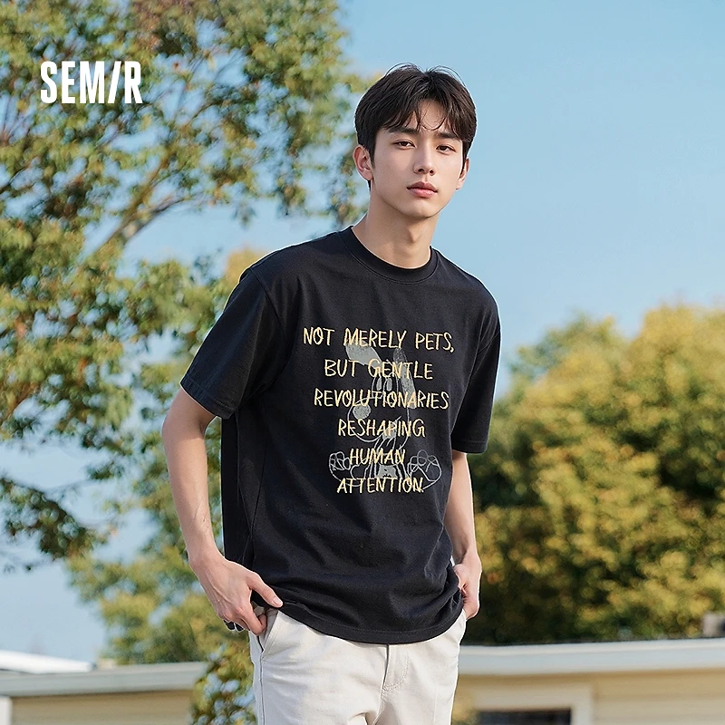 森马短袖T恤情侣装宽松字母印花t恤黑色百搭2025夏季新款上衣薄款