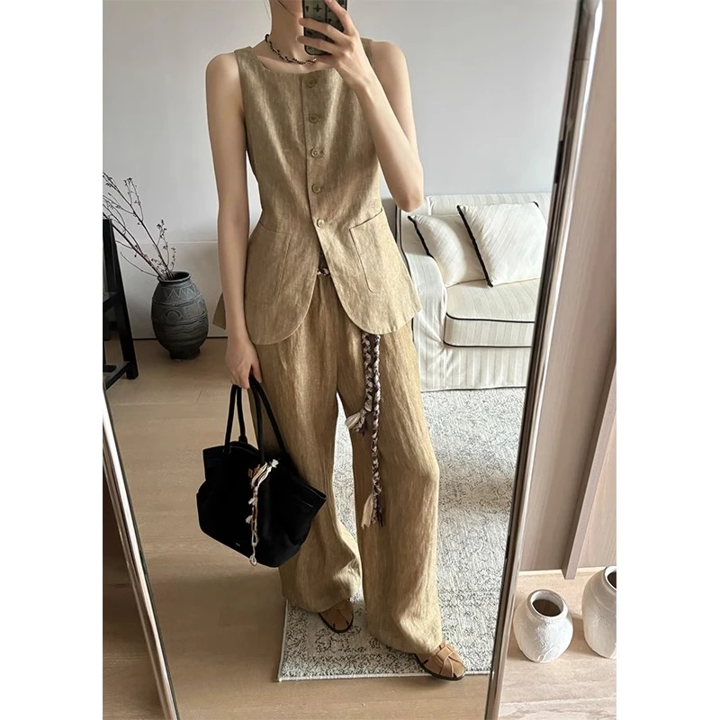 亚麻马甲老钱风套装女2025夏季时髦高级感无袖西装背心长裤两件套