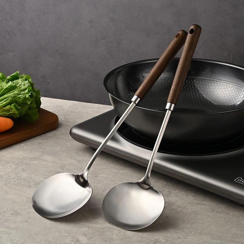 不锈钢复古实木蘑菇铲长柄炒菜勺厨房贵州炒勺汤勺家用厨具铲子