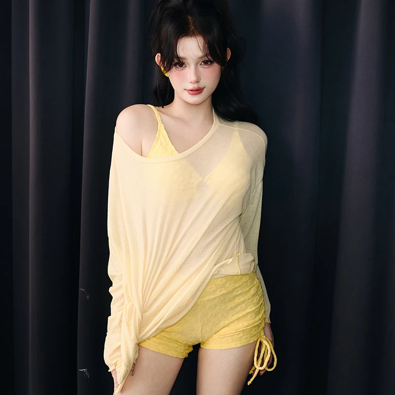 罗十安【小鸡黄】大罩衫分体三件套显白减龄温泉度假少女显瘦泳衣女