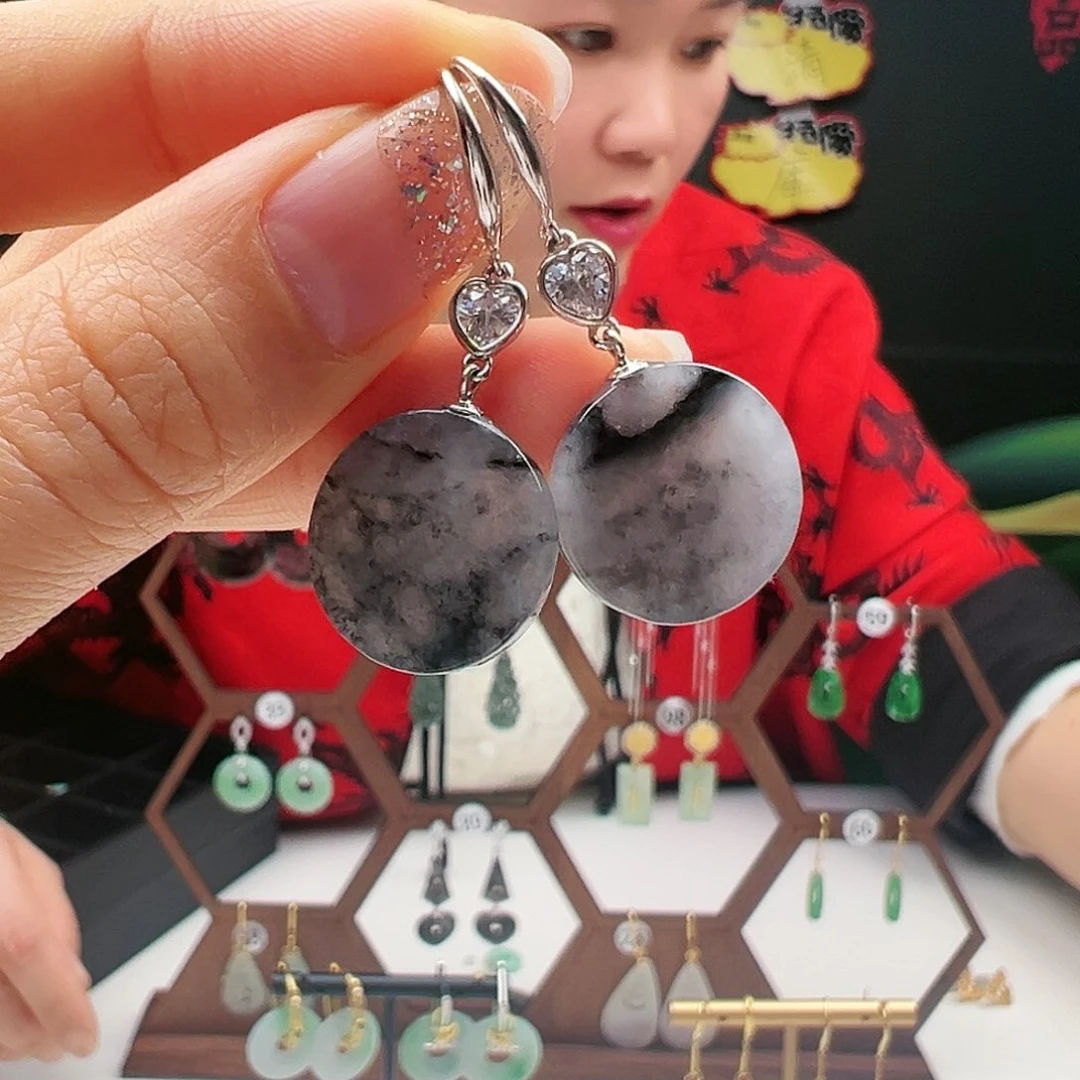 翡翠耳饰银S925镶嵌天然翡翠耳饰银s925镶嵌