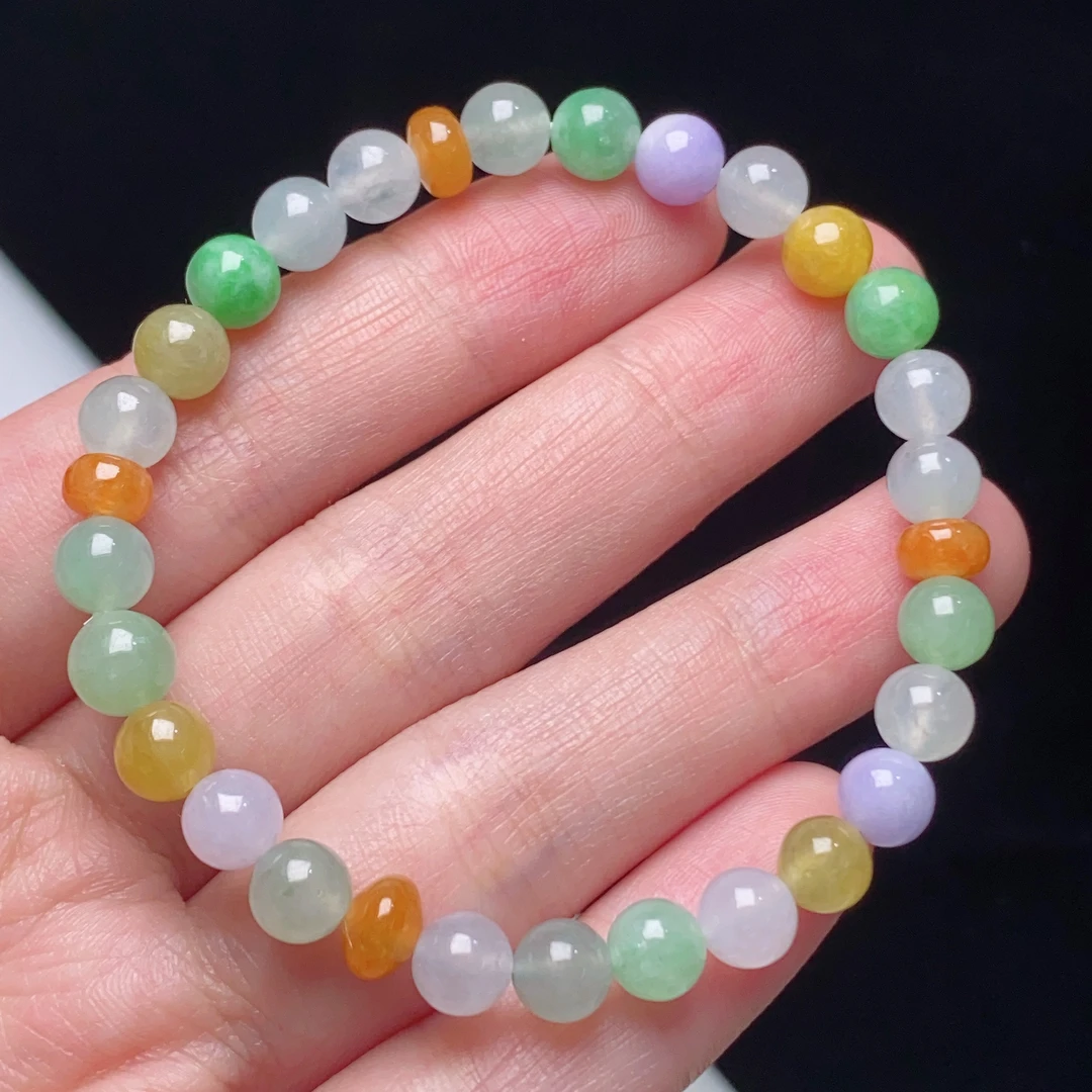 缅甸天然翡翠A货冰种多宝圆珠手链卡6mm多样性发其一糖果色彩色