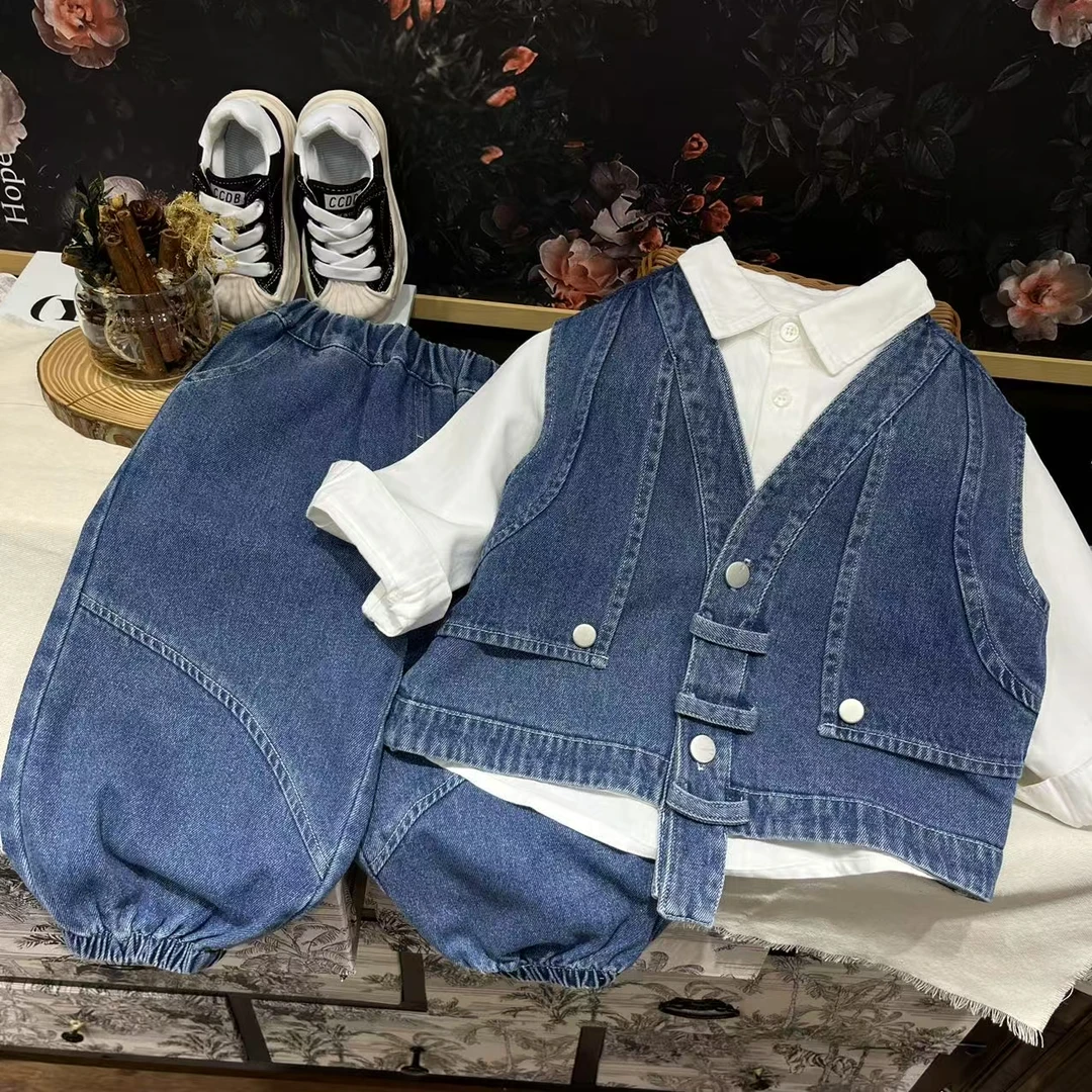 2025春季新款马甲牛仔外套牛仔裤休闲上衣长裤套装三件套 H654