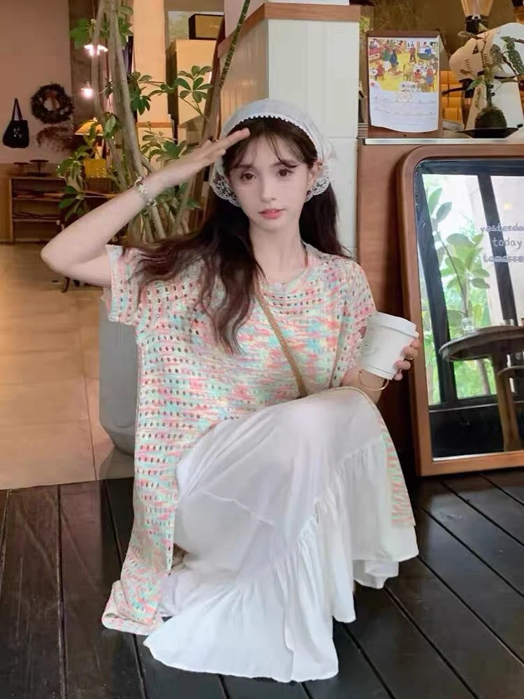 彩色夏季新款女装连衣裙套装女甜美减龄宽松显瘦女装两件套连衣裙