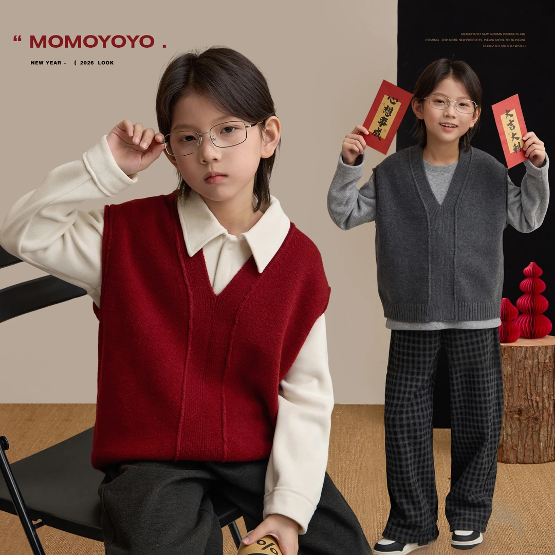 辰辰妈【叠穿核心】男童V领针织马甲学院风儿童无袖坎肩毛衣9380D