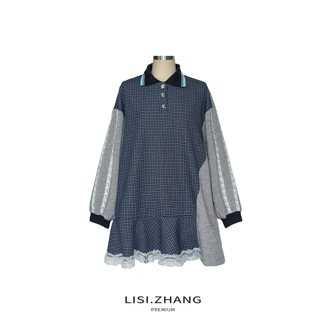 LISI.ZHANG--【拼接连衣裙】蕾丝边撞色拼接休闲polo领卫衣连衣裙
