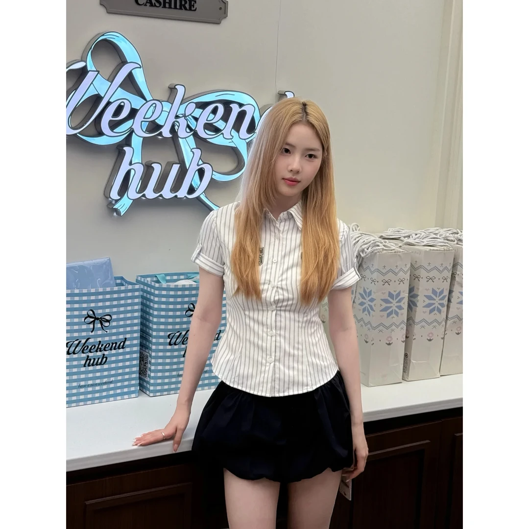 【郑豆豆同款】weekendhub条纹衬衫女短袖修身显瘦数字绣花衬衣