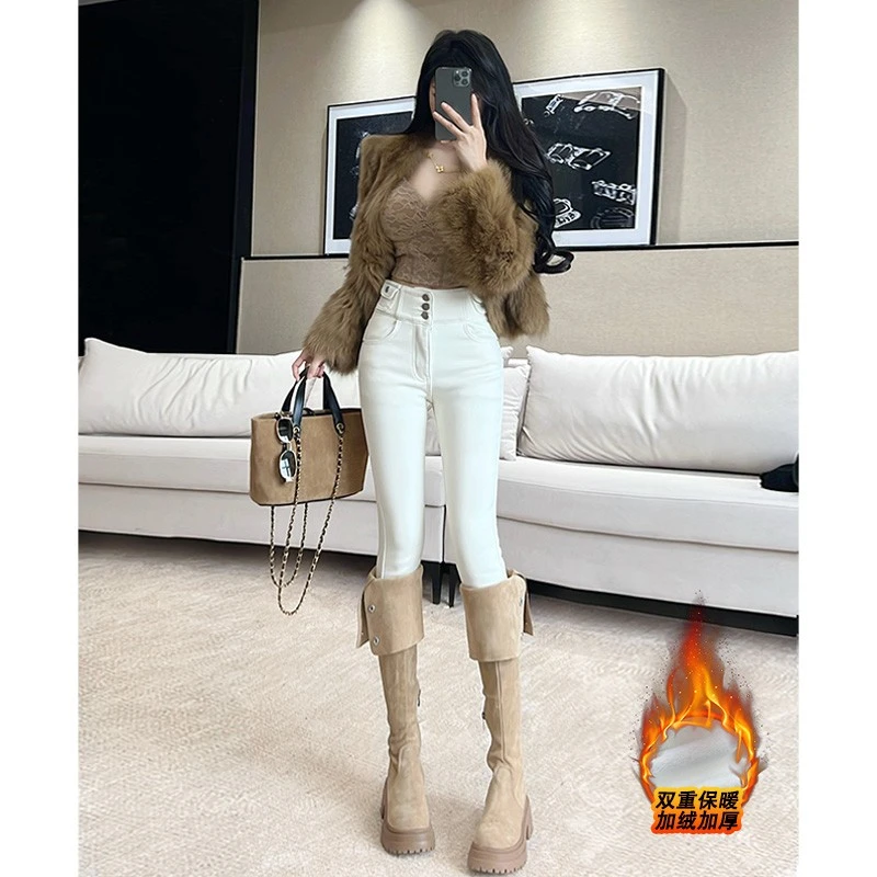 白色加绒辣妹设计感高腰弹力小脚裤女2025秋冬新款百搭显瘦铅笔裤