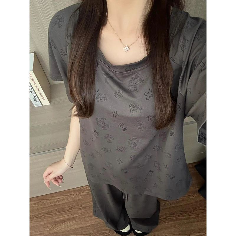 日系休闲纯色慵懒风Kitty睡衣T恤女秋季短袖长裤可外穿家居服套装