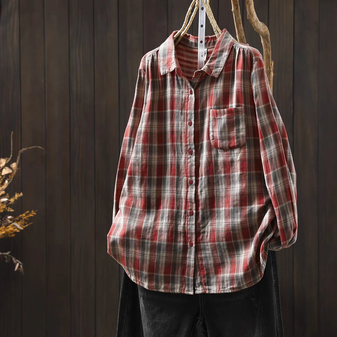 格纹衬衣女款2025新款爆款秋季双层棉纱复古文艺宽松百搭长袖衬衫