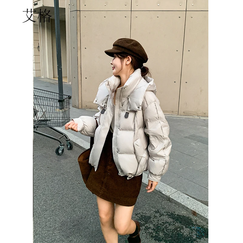 艾格短款羽绒服女2024冬季新款韩版连帽宽松百搭小个子保暖厚外套