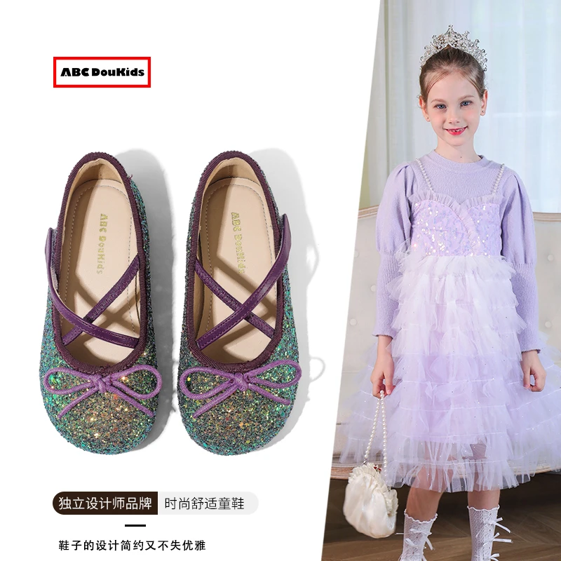 ABC Doukids女童皮鞋2025秋季新款水晶鞋子交叉鞋带闪亮公主鞋
