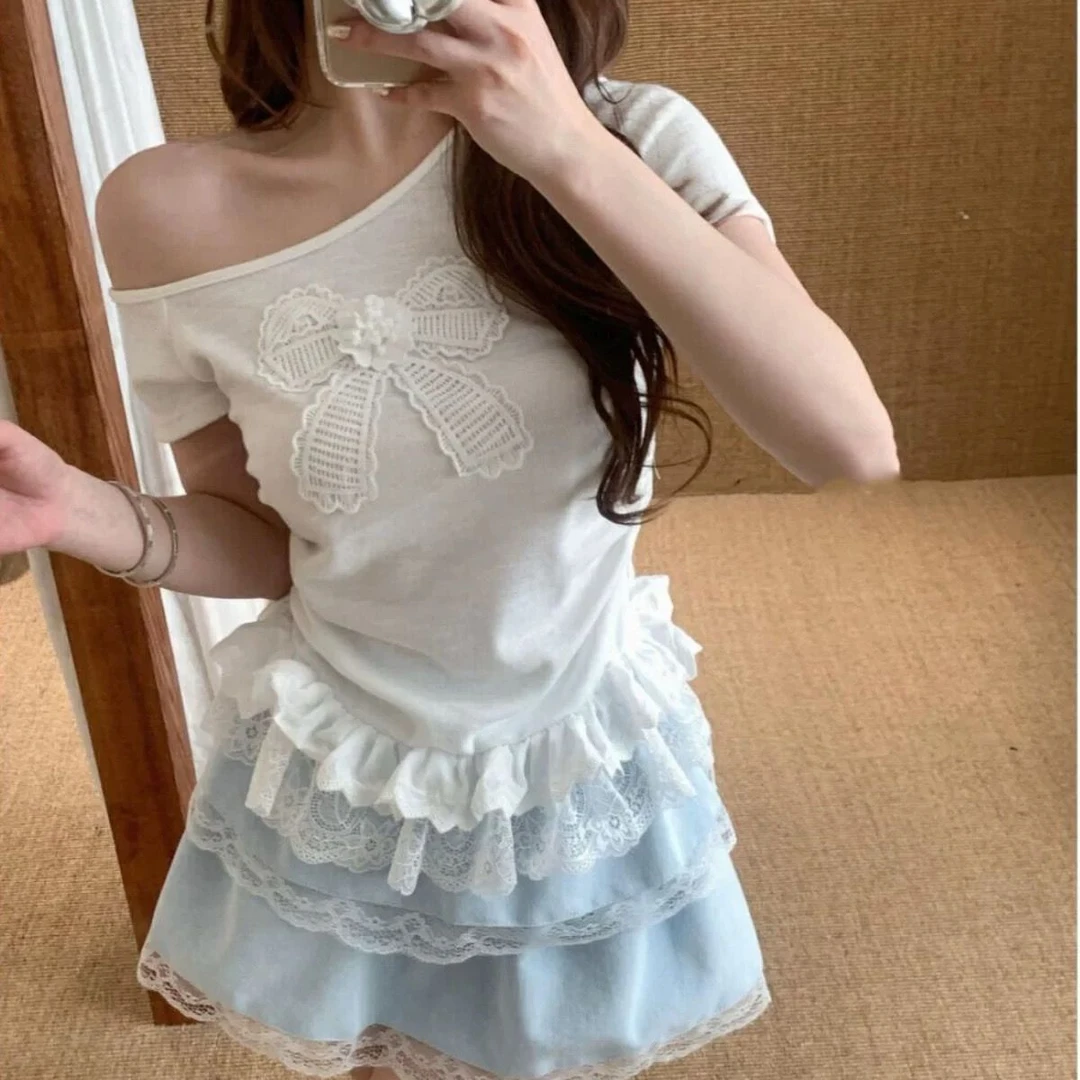 春夏新款韩版修身斜肩设计拼接蕾丝花边减龄显瘦百搭蝴蝶结短袖女