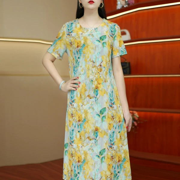 夏季新款短袖连衣裙气质时尚宽松显瘦夏季圆领中长款连衣裙树叶花