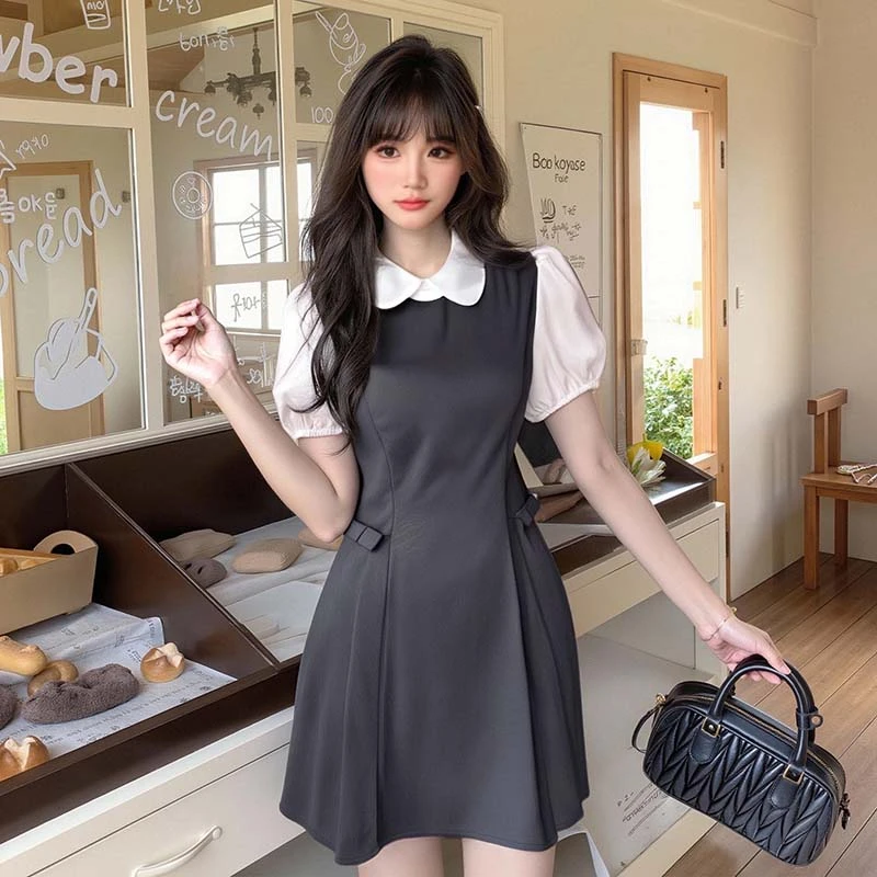 夏季灰色气质假两件设计多褶娃娃领收腰连衣裙D2045