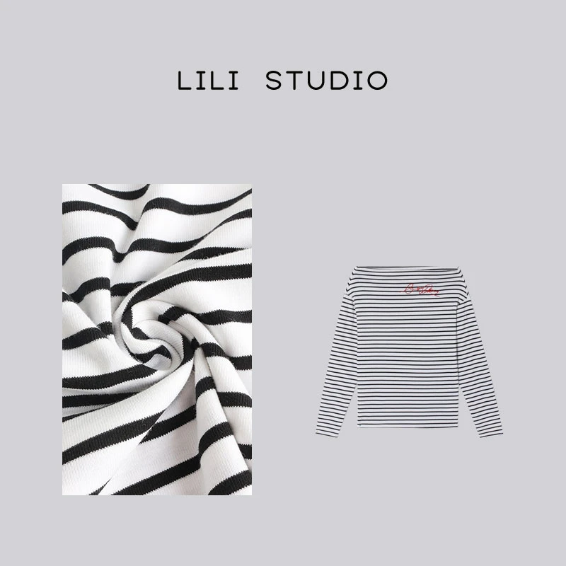 「红字条纹」不理理夏季新款刺绣字母一字肩上衣长袖T恤女装