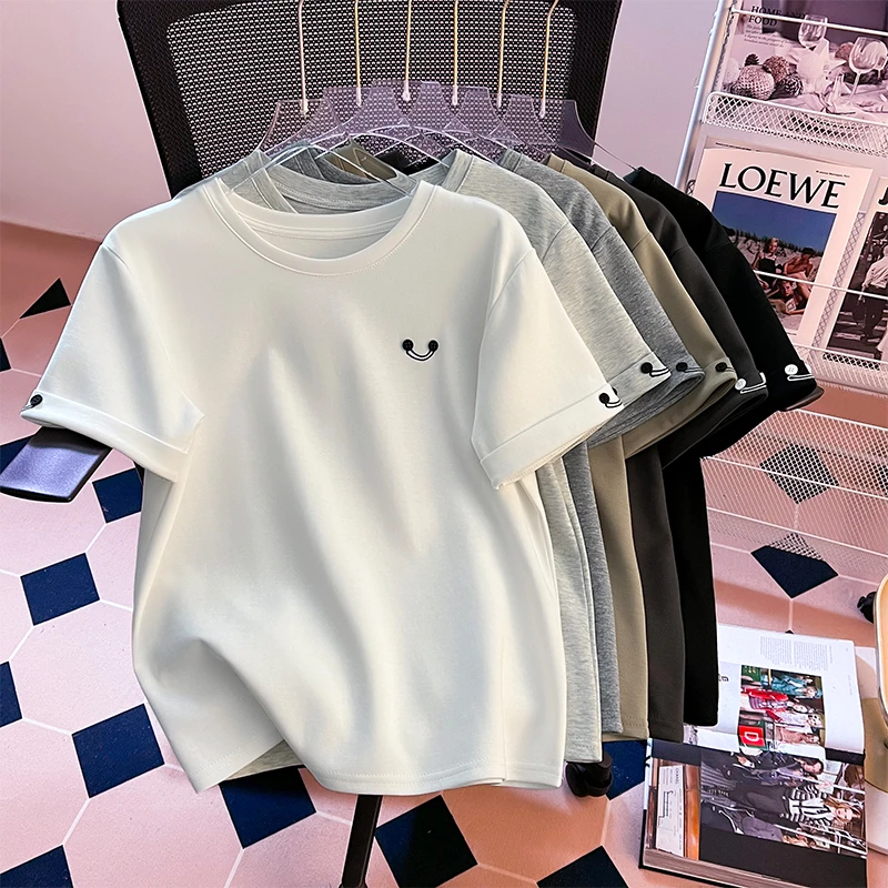 2025春夏季新款【圆领笑脸刺绣】短袖T恤女设计感百搭宽松时尚上衣