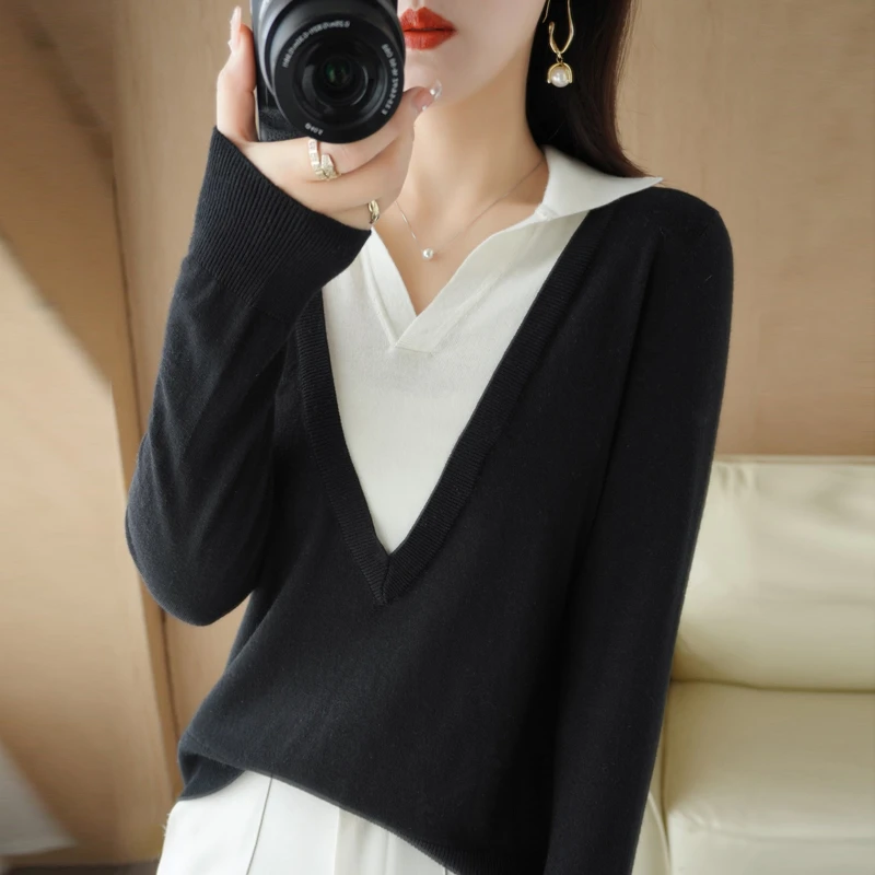 精纺羊毛打底衫新款秋季高级感小众百搭V领假两件A439