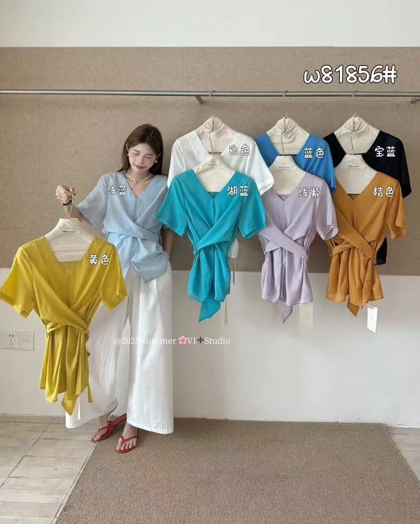 VI@81856 韩系气质V领绑腰设计感短袖小衫 6-15