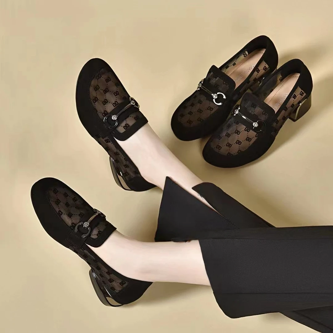 单鞋女2025年新款夏季镂空网纱时尚女鞋低跟软底豆豆鞋透气乐福鞋