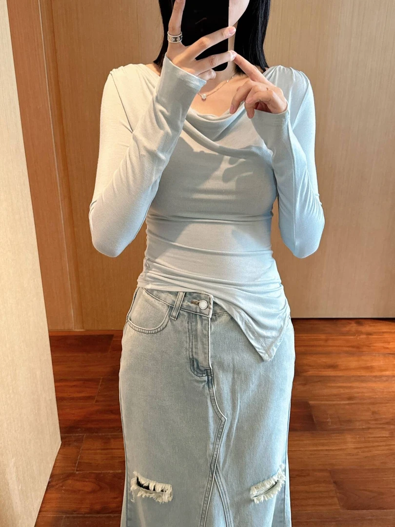 【张静芝】不规则一字肩长袖T恤