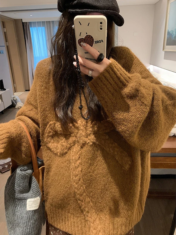 灰色立体蝴蝶结加厚毛衣女2025秋冬新款宽松慵懒软糯针织休闲上衣