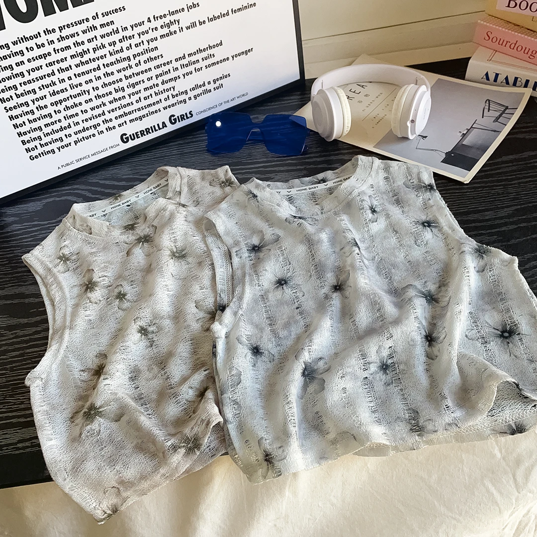 【古法扎花工艺】2025年夏季新品儿童针织百搭T恤男女童韩版镂空