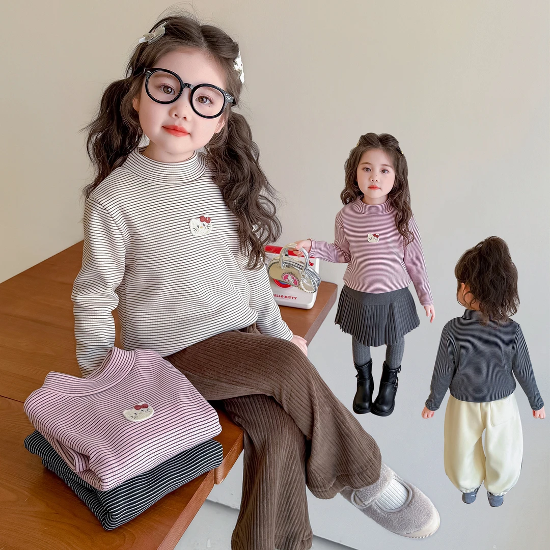 条纹防风女长袖冬季B类正常版T恤卫衣加绒半高领女童