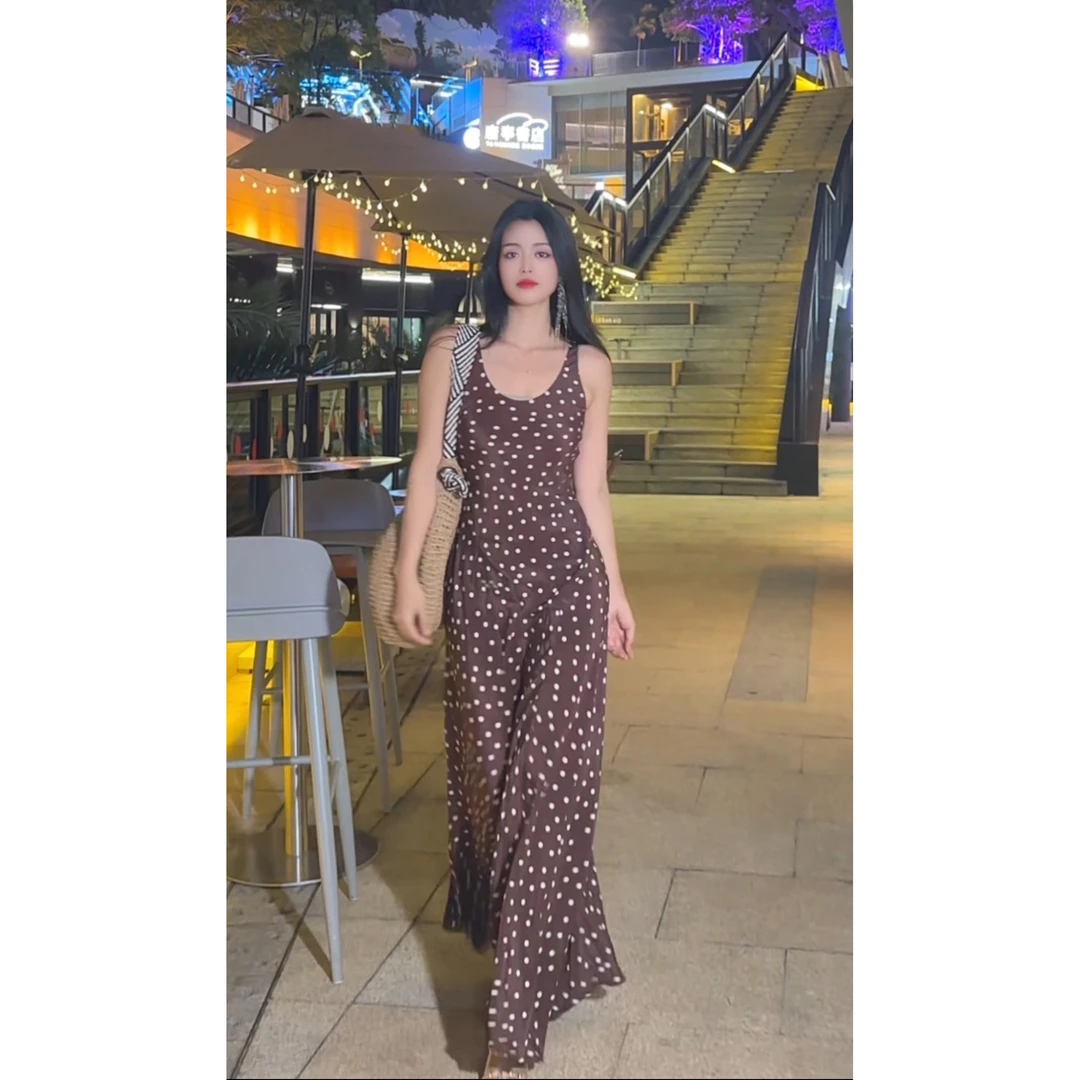 【娜比裙】真丝波点连衣裙女士夏季藏蓝碎花裙无袖高腰艺术流浪风