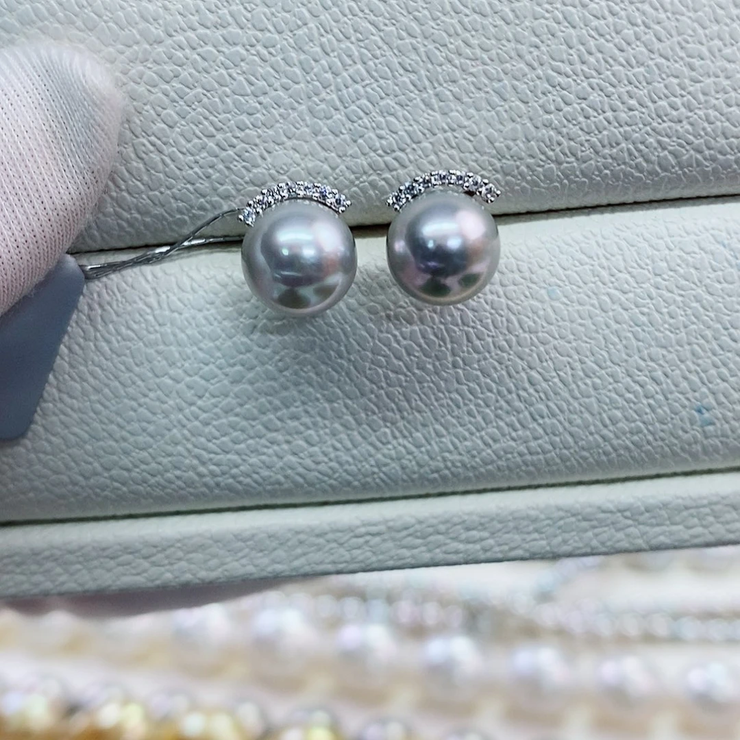 银S925镶嵌耳饰海水珍珠7-8