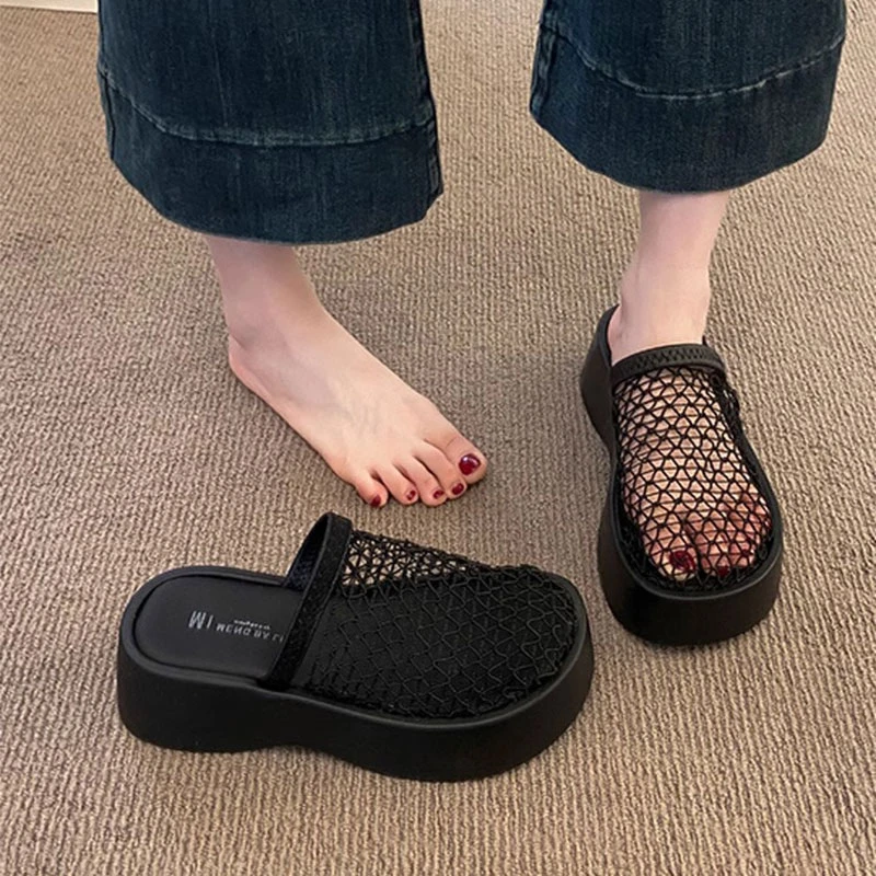 坡跟增高小个子网面镂空包头凉拖鞋女鞋子外穿夏季配裙子高跟凉鞋