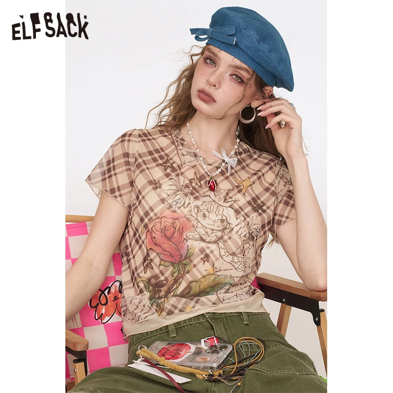 【达人专属】妖精的口袋印花网纱短袖t恤女夏季新款设计感修身