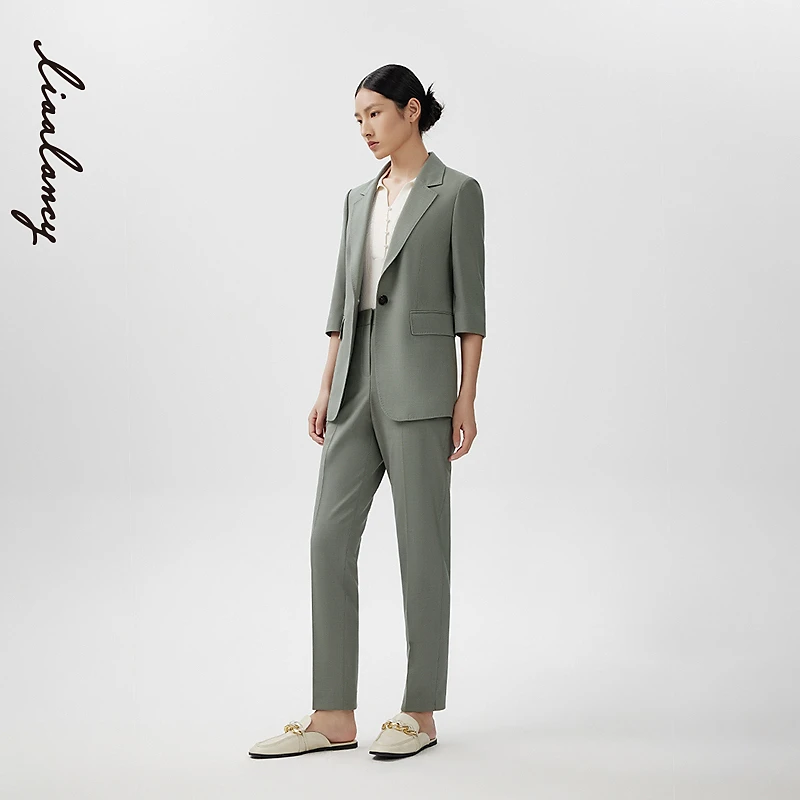 LANCY/朗姿2024春季新款中袖真丝羊毛西装外套女一粒扣通勤风西服