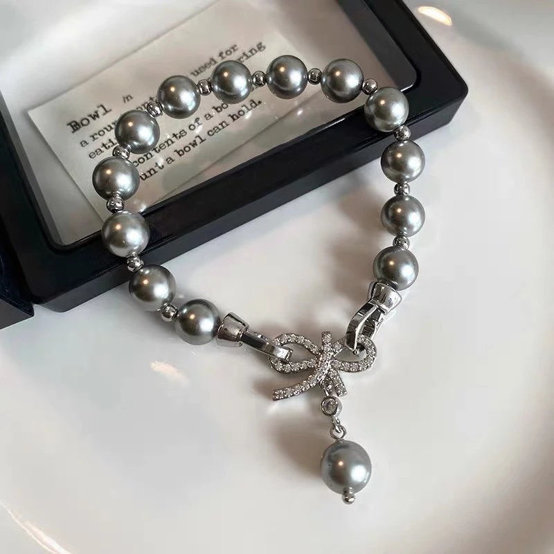 铜合金仿珍珠手链 8mm灰色蝴蝶结精致优雅百搭手链约18cm K183