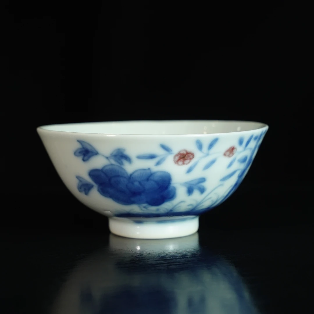 LDXZ250216005【十竹斋】清代青花釉里红花卉纹茶圆