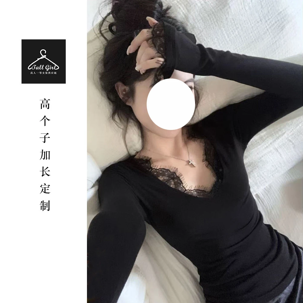 「蕾丝小V」高个子法式加绒蕾丝打底衫V领长袖T恤