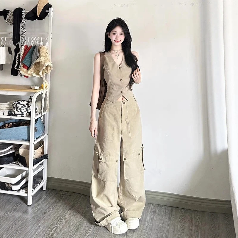 港风复古运动服套装女夏季高级感马甲背心工装阔腿裤休闲两件套潮