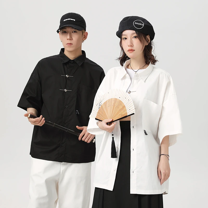 夏季新款中国风新中式金属装饰修身衬衫纯色简约复古潮流情侣衬衣