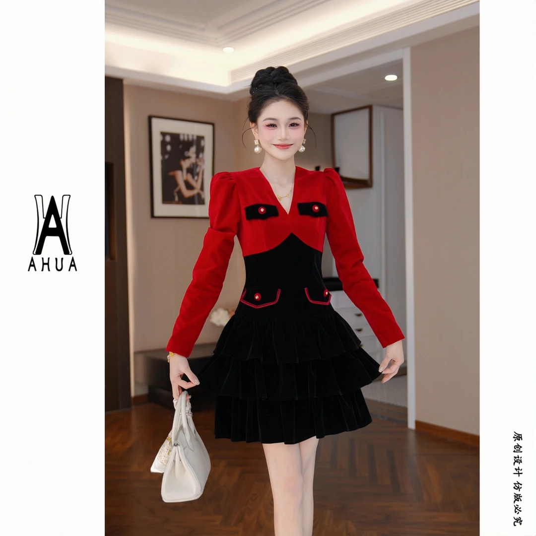 【花花原创】小香风显瘦气质长袖高腰法式名媛秋冬连衣裙22034