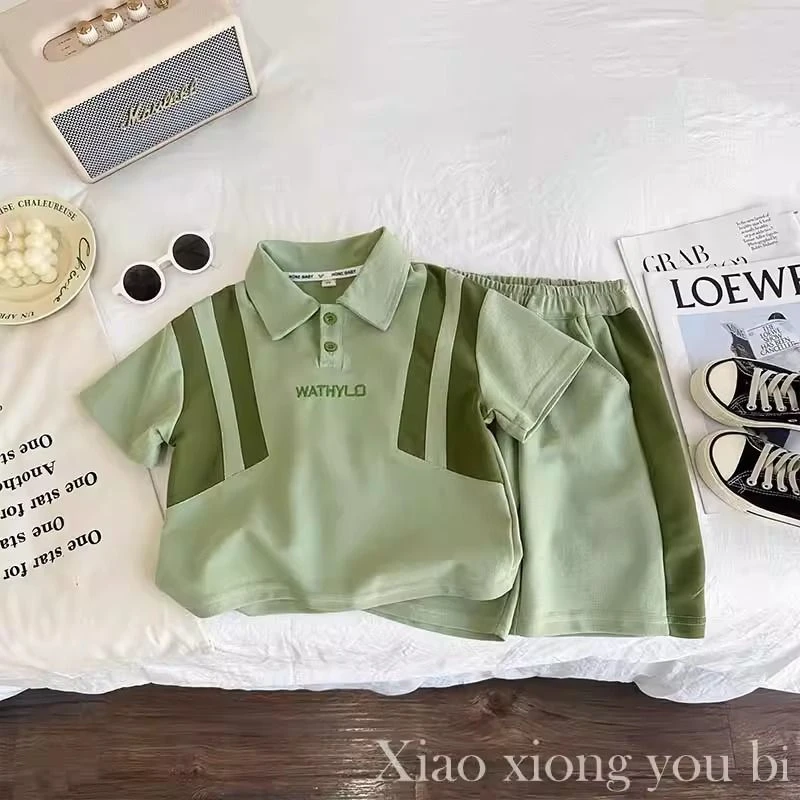 男童夏季韩版翻领Polo衫短袖T恤拼色休闲套装宝宝帅气宽松两件套