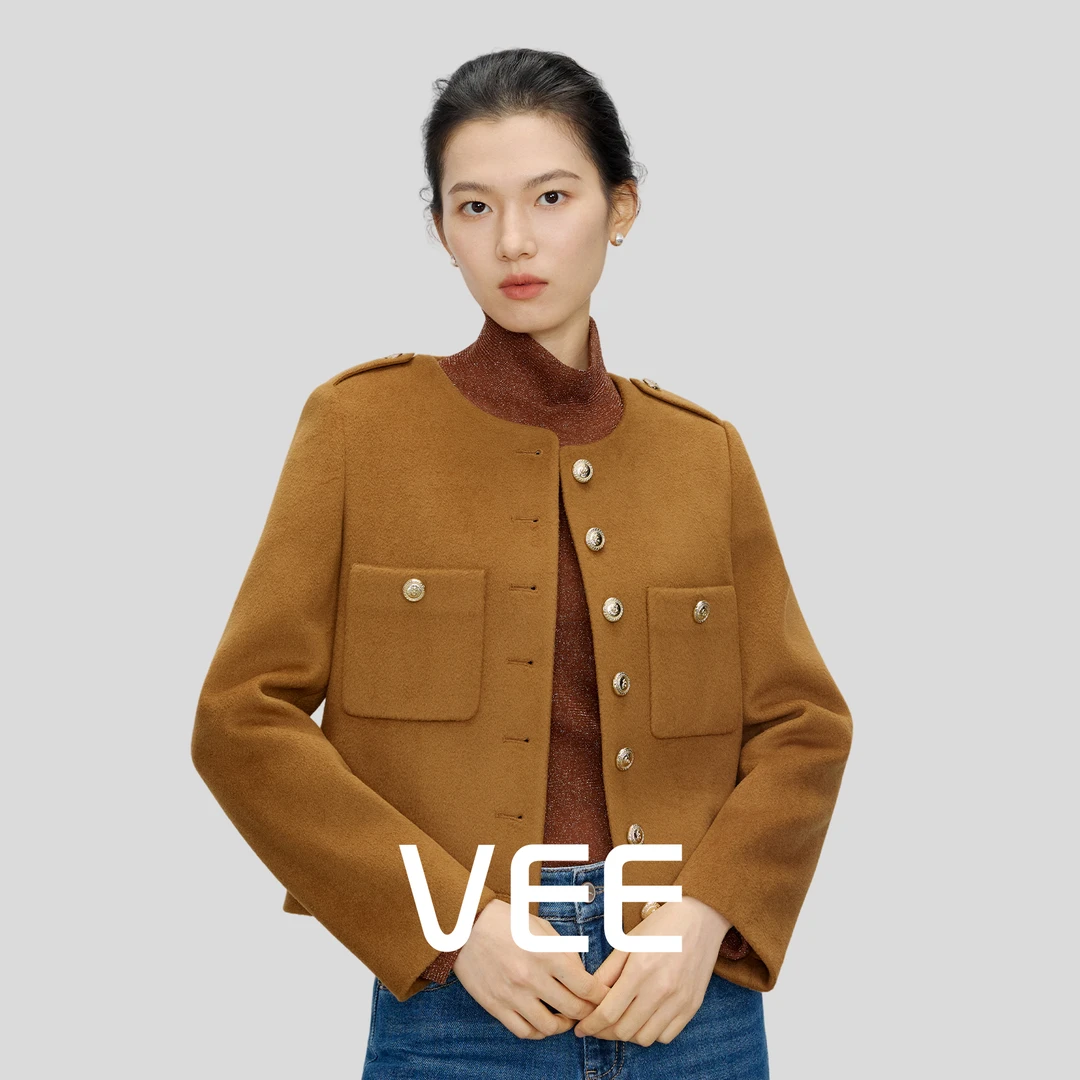 VEE【马德里】新款时尚高级驼色圆领呢料小香风外套