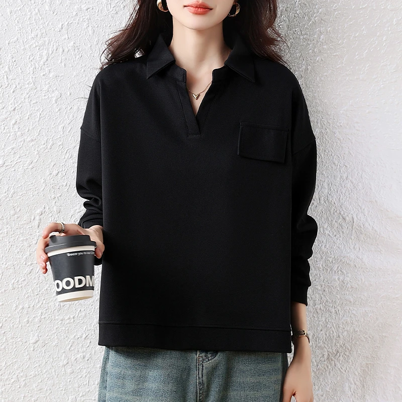 【女神新衣】胖mm2025秋新款宽松设计感POLO领正肩显瘦无帽卫衣上衣
