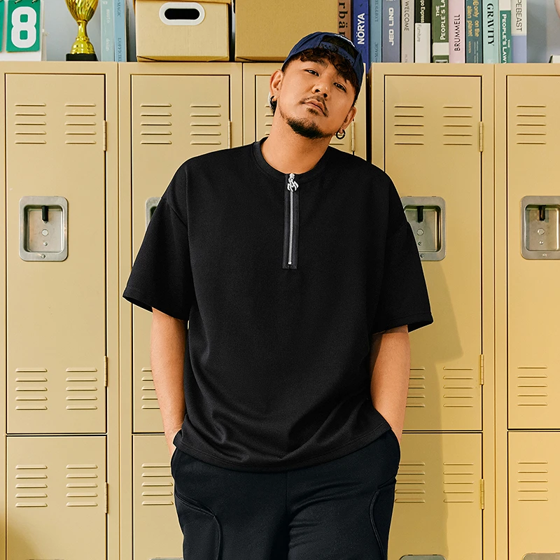 NMAX大码潮牌男装25年夏季半开领拉链设计感个性短袖T恤FNT108