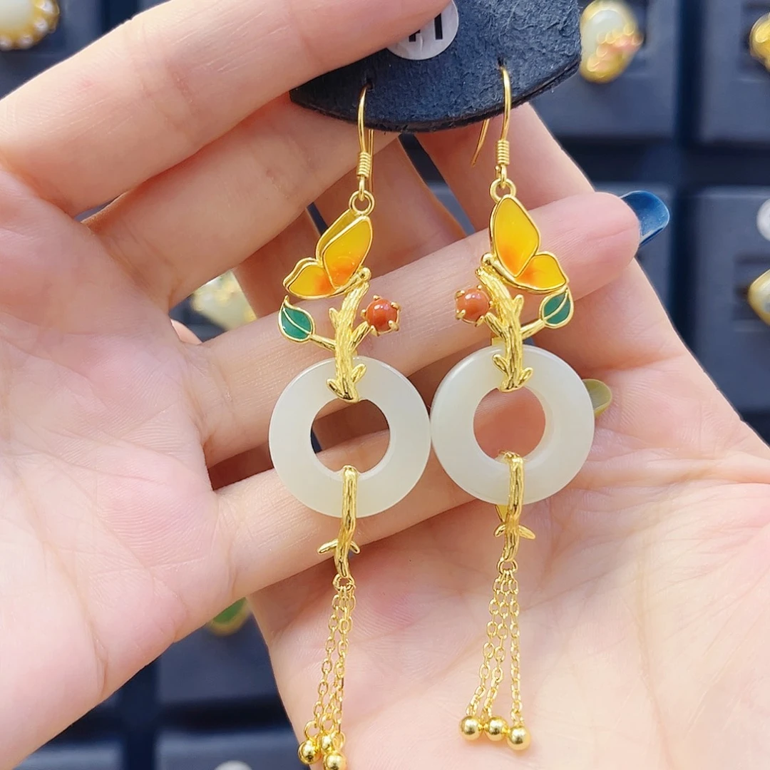 和田玉银S925镀金镶嵌耳饰