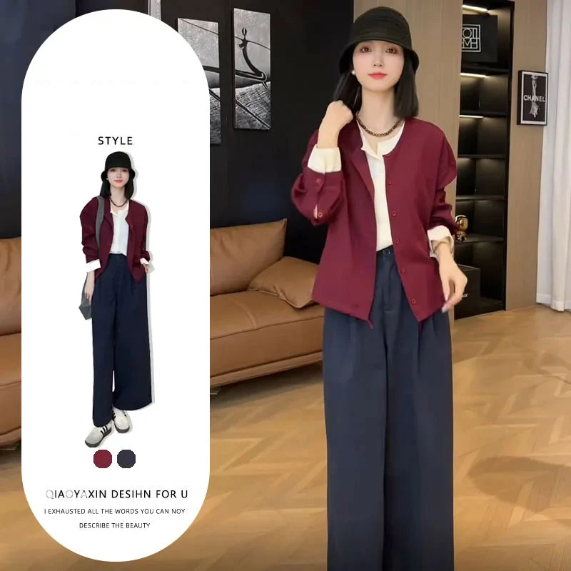 2024春秋时尚气质假两件洋气上衣+高腰遮肚阔腿裤欧货穿搭套装女