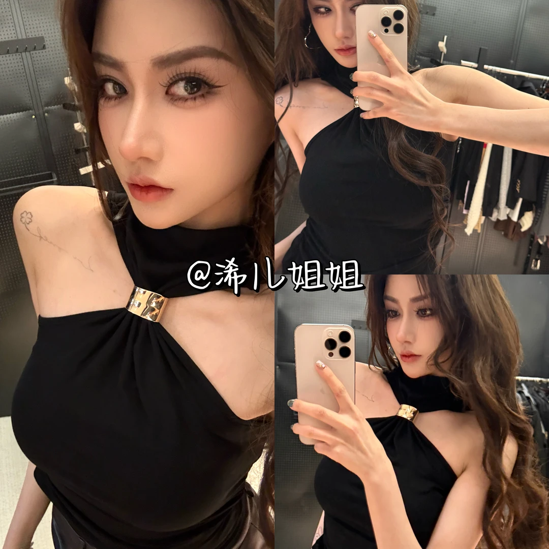 复古金属扣挂脖性感无袖高领外穿背心上衣