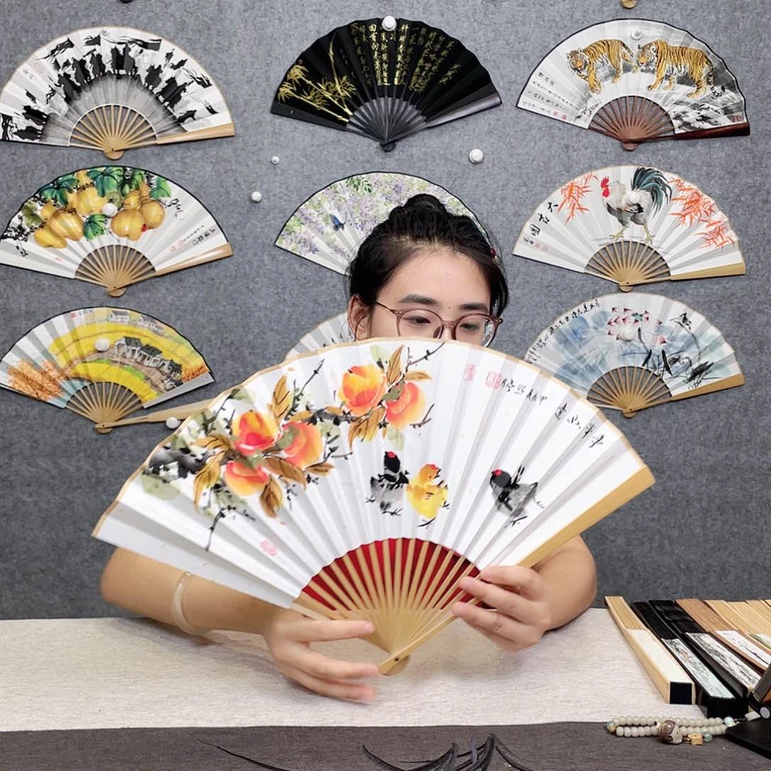 国画95寸玉竹-纯手绘-文玩扇骨（默认粘好）