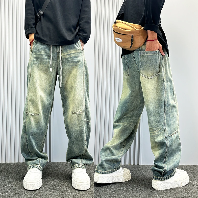 高端猫须拼接水洗牛仔裤男秋季新款宽松阔腿裤美式潮牌直筒弯刀裤